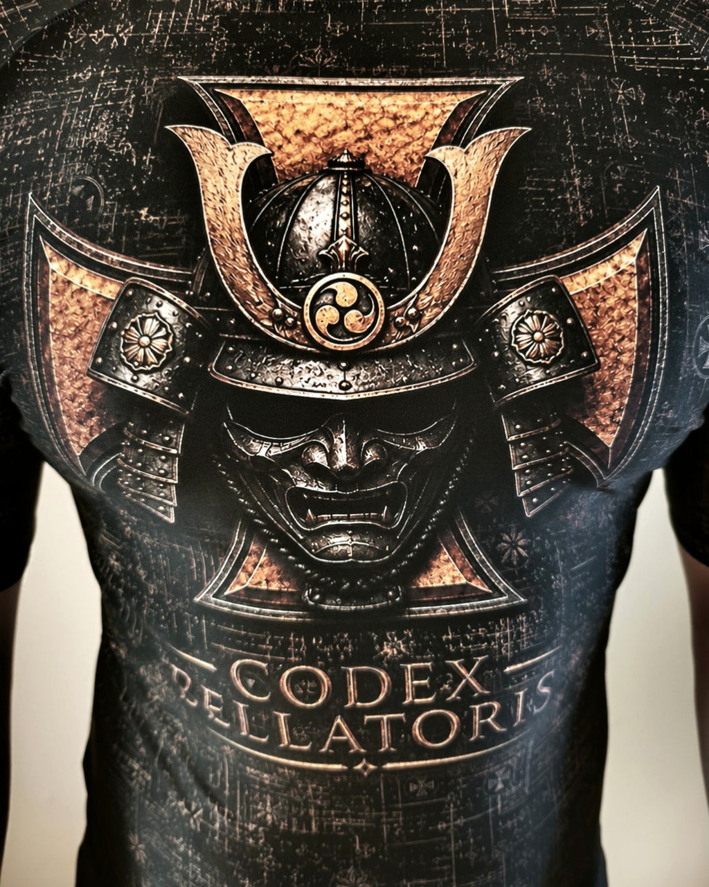 Bushi Short Sleeve Rashguard — samurai artwork detail — Codex Bellatoris