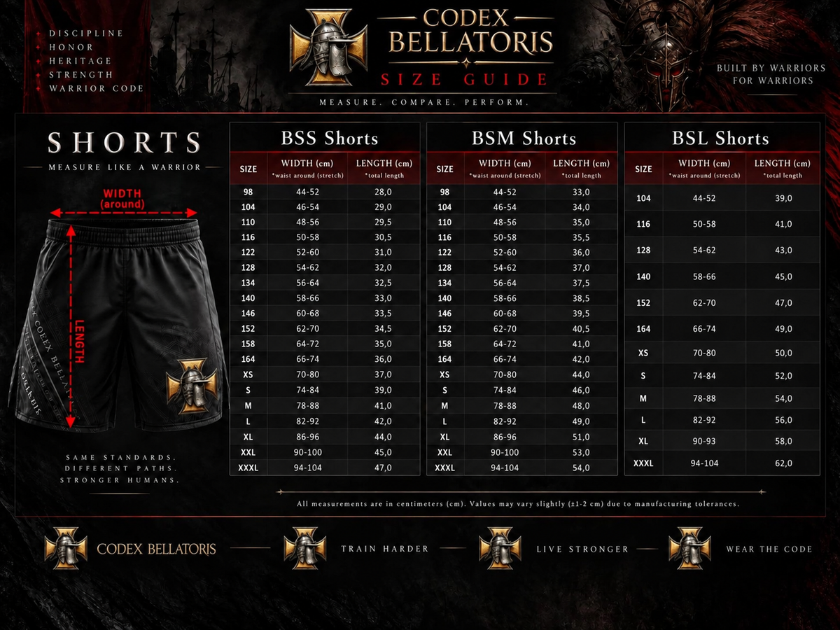 Shorts size guide, BSL XL width 90–93 cm