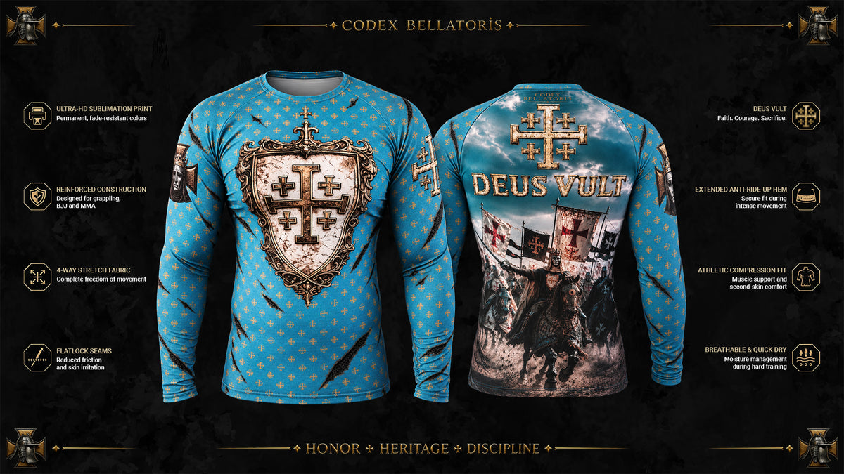 Deus Vult Long Sleeve Rashguard — Codex Bellatoris product visualisation