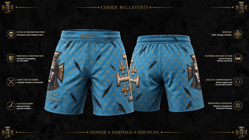 Deus Vult Performance Shorts — Codex Bellatoris product visualisation