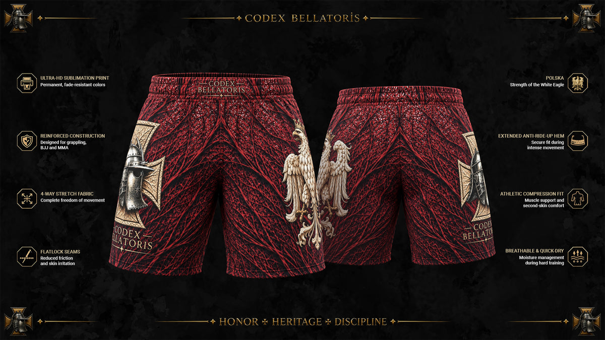 Polska Performance Shorts — Codex Bellatoris product visualisation