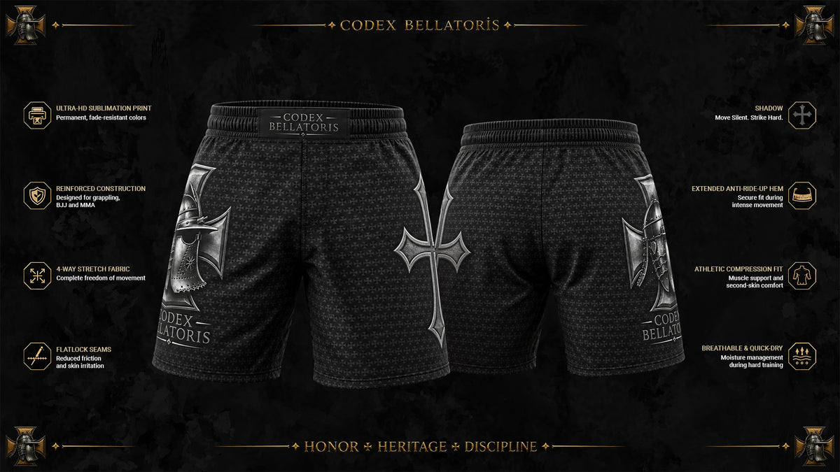 Shadow Performance Shorts — Codex Bellatoris product visualisation