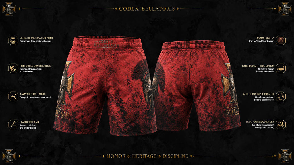 The Son Of Sparta Performance Shorts — Codex Bellatoris product visualisation