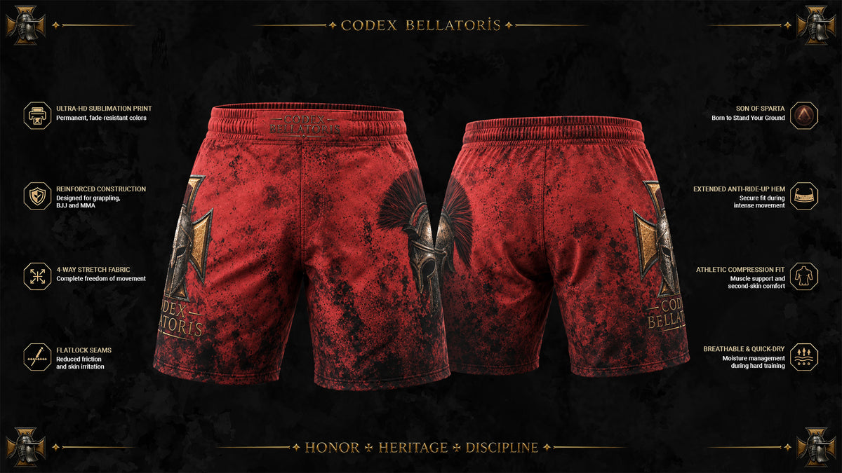 The Son Of Sparta Performance Shorts — Codex Bellatoris product visualisation